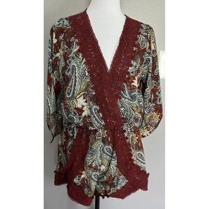 Love Culture Womens Romper Multicolor Crochet Trim V Neck Bell Sleeve Sz M EUC